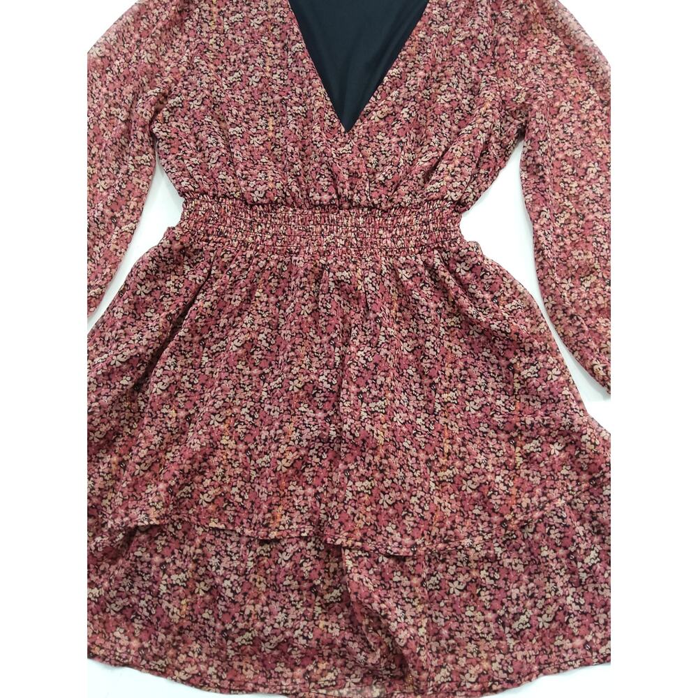 Coquette burgundy/pink Ditzy Floral dress mock waist, tiered Romantic Boho sheer - Picture 4 of 8